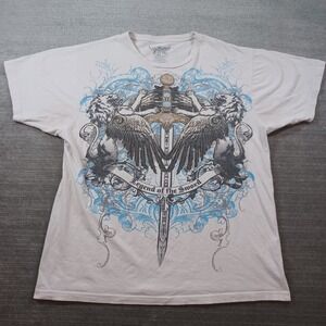 Y2K Konflict AOP T-Shirt Mens XL Cream Griffen Sword Grunge Gothic Cyberpunk